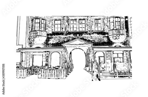Building view with landmark of Brno is a city in the Czech Republic. Hand drawn sketch illustration in vector.