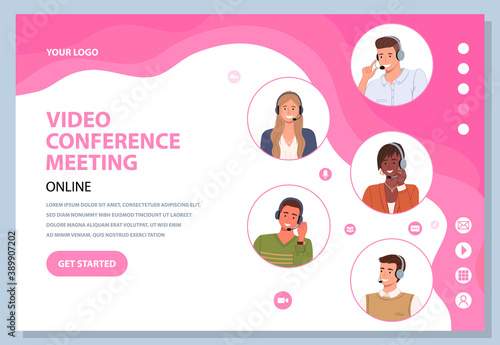 Landing page of website. Video conference meeting. Different races businesspeople with headsets talking, discussing business problems. Online conference with partners. Avatars of operators in circles