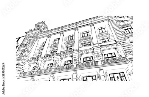 Building view with landmark of Brno is a city in the Czech Republic. Hand drawn sketch illustration in vector.