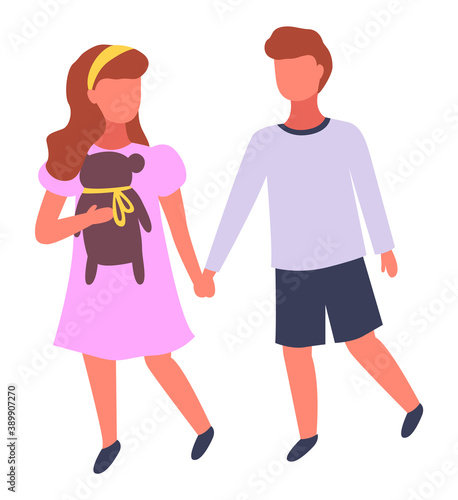 Cute couple of children. Little girl wearing pin dress holding teddy bear in hand, with hairstyle, holding hands with boy in shorts. Isolated kids, childhood, friends. Faceless cartoon characters