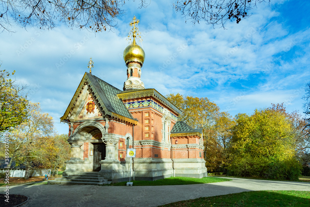russian orthodox church in Bad Homburg under  blue sky