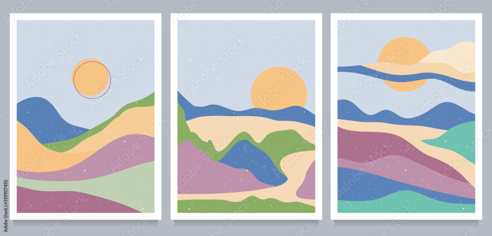 set of Mid century modern minimalist art print. Abstract contemporary aesthetic backgrounds landscape with forest and mountains. vector illustrations
