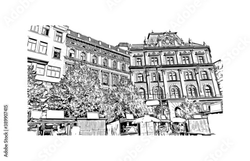 Building view with landmark of Brno is a city in the Czech Republic. Hand drawn sketch illustration in vector.