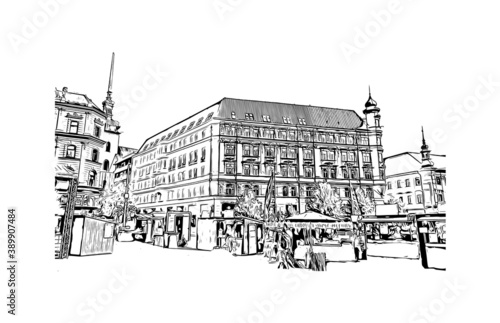 Building view with landmark of Brno is a city in the Czech Republic. Hand drawn sketch illustration in vector.