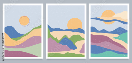set of Mid century modern minimalist art print. Abstract contemporary aesthetic backgrounds landscape with forest and mountains. vector illustrations © gina