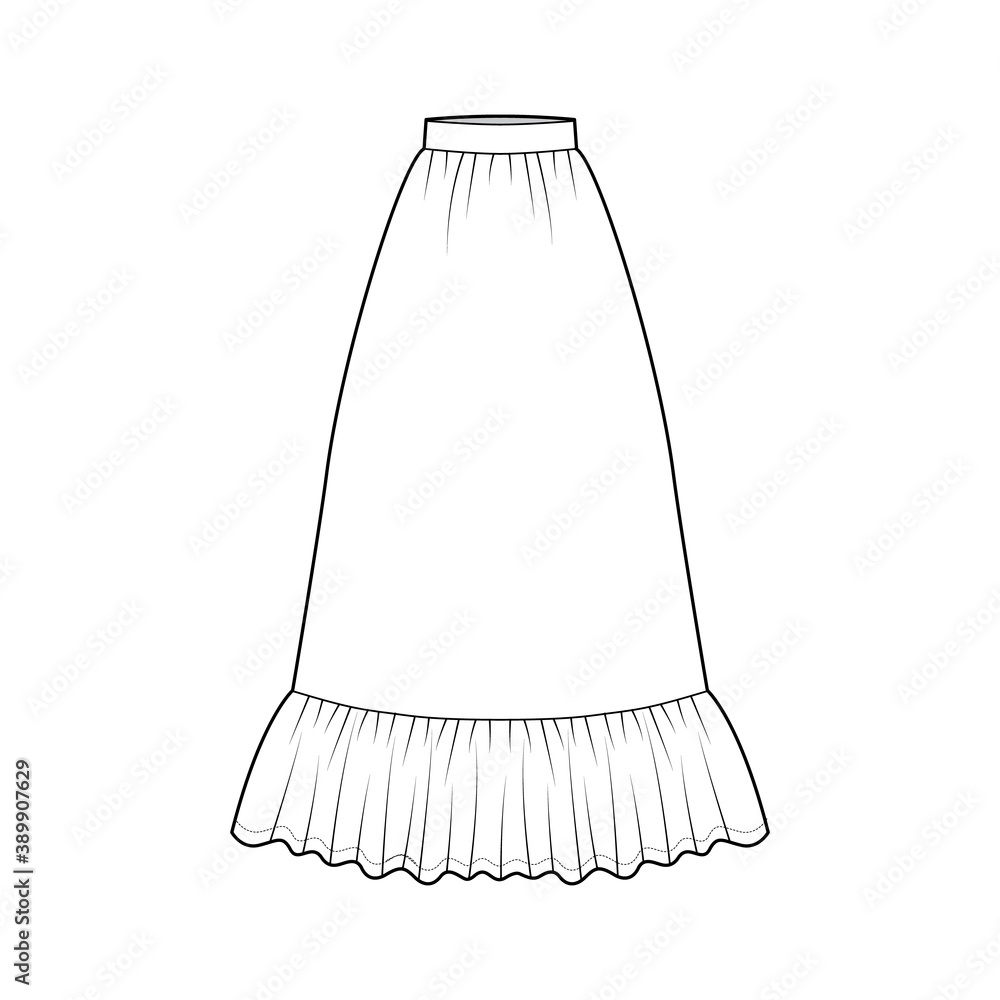 Skirt prairie dirndl technical fashion illustration with floor ankle lengths, semi-circular fullness, thick waistband. Flat bottom template front, white color style. Women men unisex CAD mockup