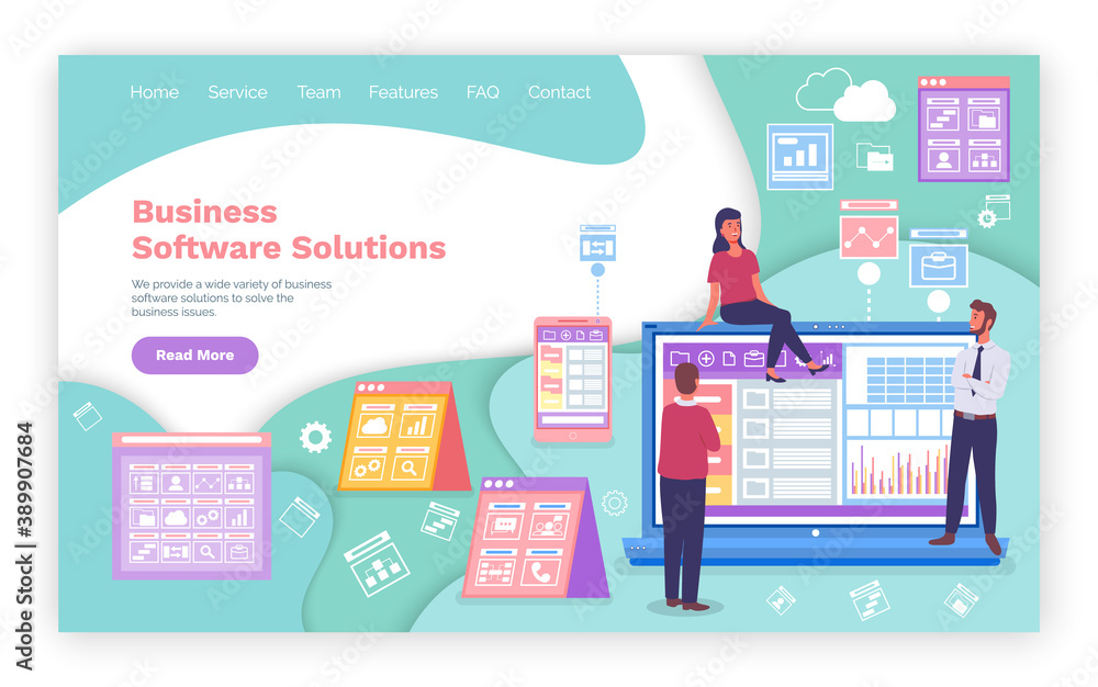 Landing page of website. Business software solutions. People working with graphics, analysing charts on laptop. Communicating colleagues. Entrepreneurs and technology, seop optimization. Flat style Landing page of website. Business software solutions. People working with graphics, analysing charts on laptop. Communicating colleagues. Entrepreneurs and technology, seop optimization. Flat style