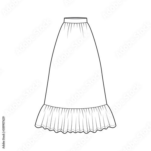 Skirt prairie dirndl technical fashion illustration with floor ankle lengths, semi-circular fullness, thick waistband. Flat bottom template front, white color style. Women men unisex CAD mockup