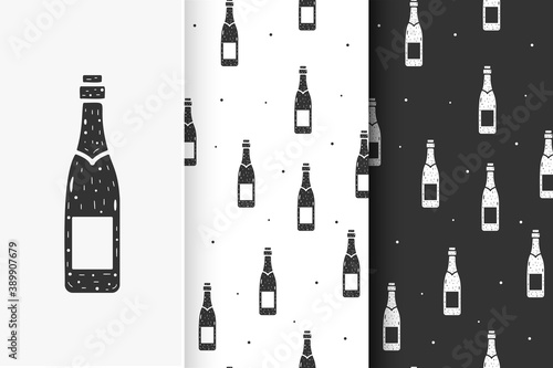 Set of seamless patterns of champagne or wine bottles in flat style