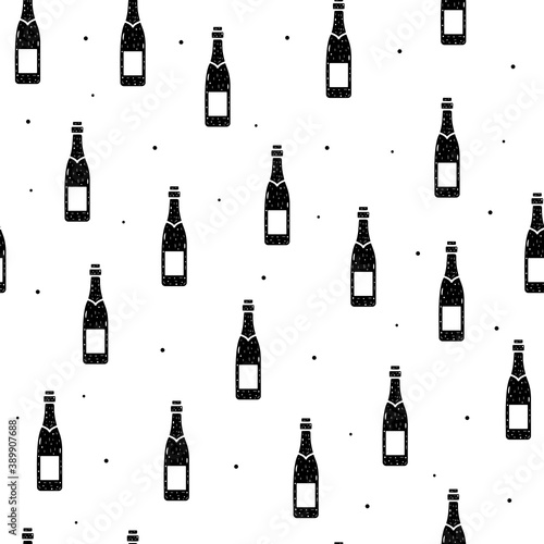 Seamless pattern of champagne or wine bottles in flat style on a white background.