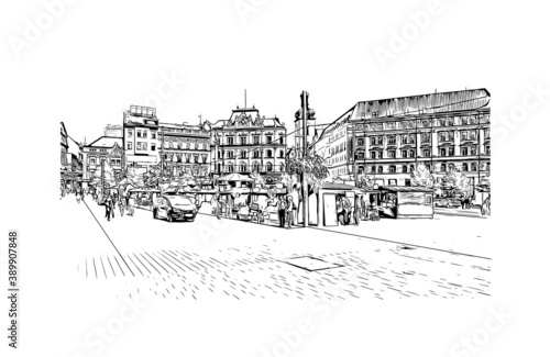 Building view with landmark of Brno is a city in the Czech Republic. Hand drawn sketch illustration in vector.