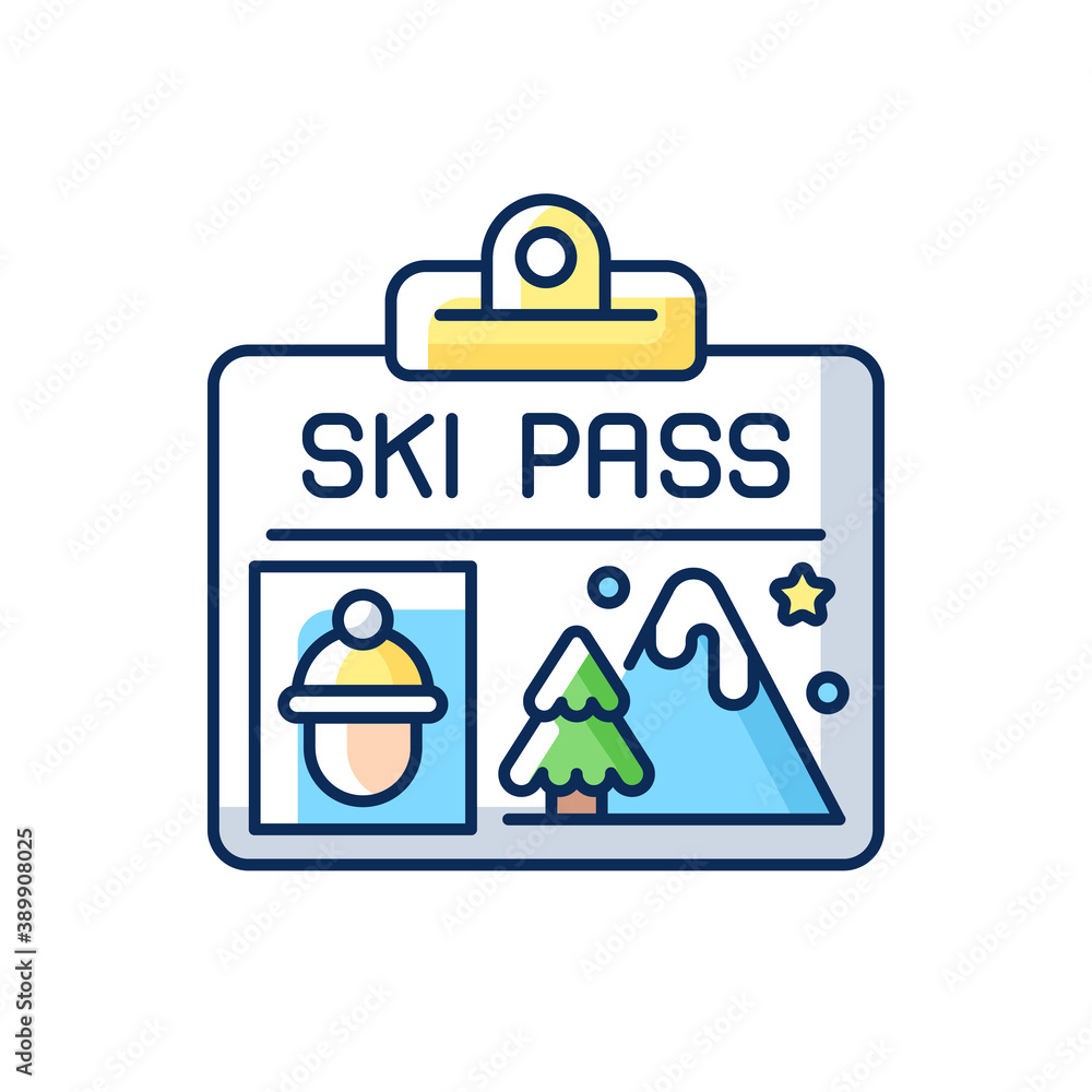 Ski pass RGB color icon. Lift ticket. Mountain elevator document. Skier identification. Security tag. Resort entrance. Vip member blank. Winter vacation. Isolated vector illustration