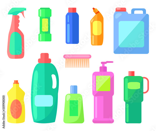 Set of multi-colored plastic containers, brush for cleaning house. Plastic bottles, containers, brush. Logo, infographic for site. Get rid of house germs, wet cleaning. Flat vector image on white