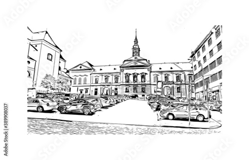 Building view with landmark of Brno is a city in the Czech Republic. Hand drawn sketch illustration in vector.