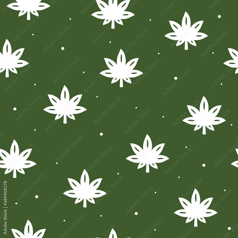 Seamless pattern of cannabis in flat style on a green background. Seamless pattern of cannabis in flat style on a green background.