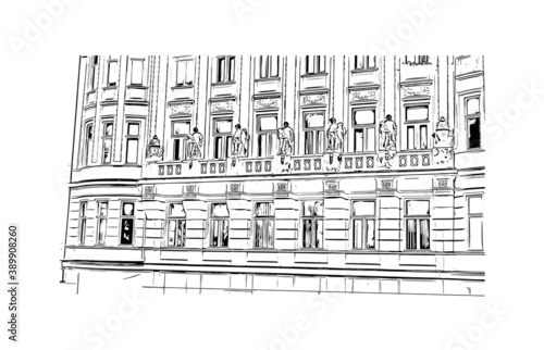 Building view with landmark of Brno is a city in the Czech Republic. Hand drawn sketch illustration in vector.