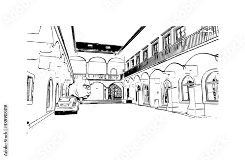Building view with landmark of Brno is a city in the Czech Republic. Hand drawn sketch illustration in vector.