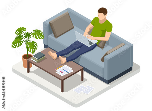 Isometric business man working at home with laptop and papers on desk. Freelance or studying concept. Online meeting work form home. Home office.