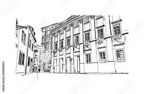 Building view with landmark of Brno is a city in the Czech Republic. Hand drawn sketch illustration in vector.