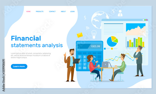 Financial statements analysis, landing page of business website, people calculate income of company. Businesspeople communicating, analysing charts, graphics, counting finance, investors working