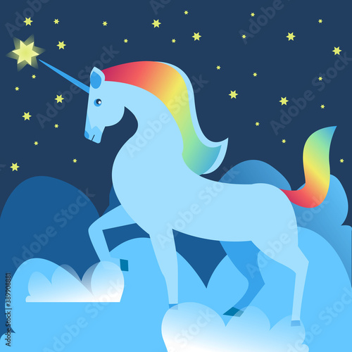 Rainbow unicorn on blue background with stars and clouds. Vector illustration