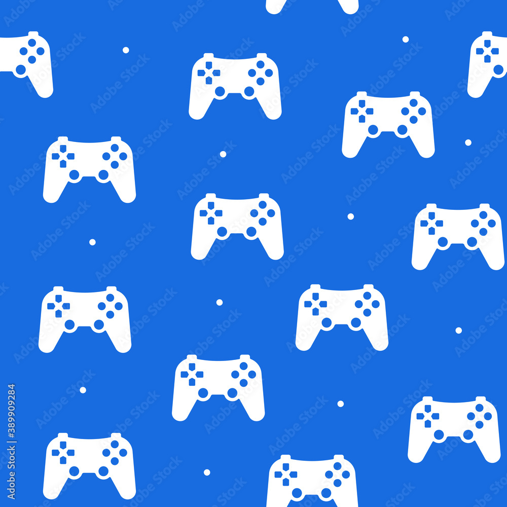 Seamless pattern of the game joystick in a flat style on a blue background.