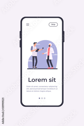 Young guy interviewing doctor in mask. Microphone, quarantine, reporter flat vector illustration. Pandemic and protection concept for banner, website design or landing web page