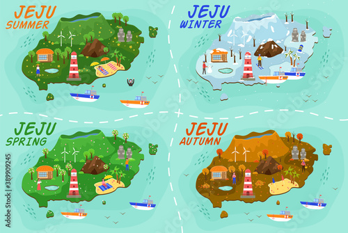 Jeju island travel map. Travel guide in Korean land with traditional attractions stone figures, mountain, lighthouse, flower and fruit, waterfall. Welcome to Jeju in spring, summer, autumn and winter