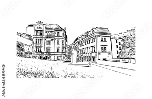 Building view with landmark of Brno is a city in the Czech Republic. Hand drawn sketch illustration in vector.