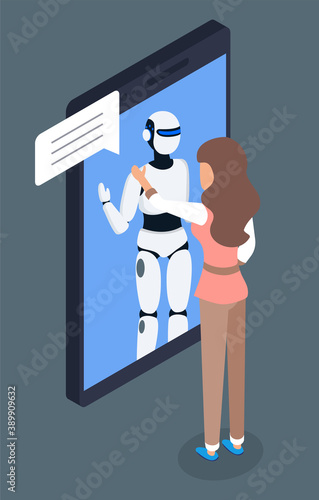 Mobile application, artificial intelligence. Online chat with droid system. Simulation of conversation with assistant at phone. Help chat bot talking with woman, dialogue. Isometric 3d illustration