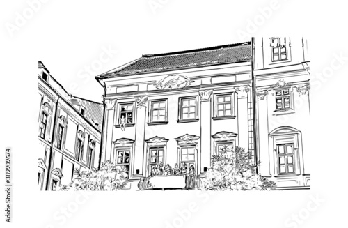 Building view with landmark of Brno is a city in the Czech Republic. Hand drawn sketch illustration in vector.