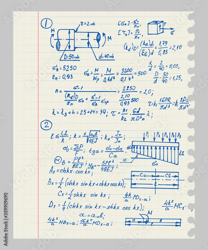 Retro vector background with physics formulas and equations on notebook page. School notation. Educational and scientific vintage background.