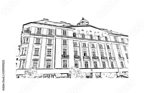 Building view with landmark of Brno is a city in the Czech Republic. Hand drawn sketch illustration in vector.