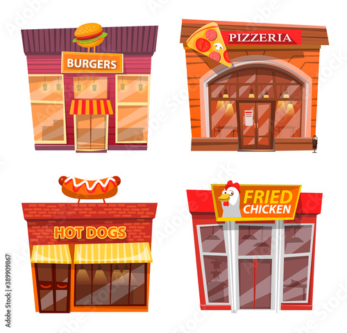 Set of cafe exteriors, isolated pizza house with italian cuisine. Fried chicken and hot dogs, burger and pizzeria with meal to eat. Buildings with sign boards for clients. Restaurant services vector
