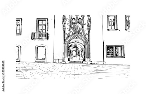 Building view with landmark of Brno is a city in the Czech Republic. Hand drawn sketch illustration in vector.