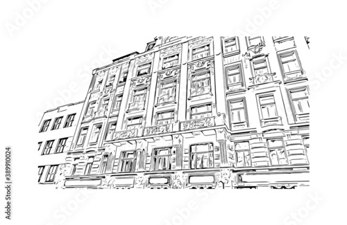 Building view with landmark of Brno is a city in the Czech Republic. Hand drawn sketch illustration in vector.