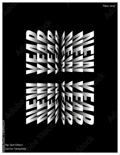 New Year lettering with flip pages text effect. Christmas typography. Modern Xmas poster, flyer, banner, brochure, cover. Kinetix trendy text template. White letters on black.Vector stock illustration