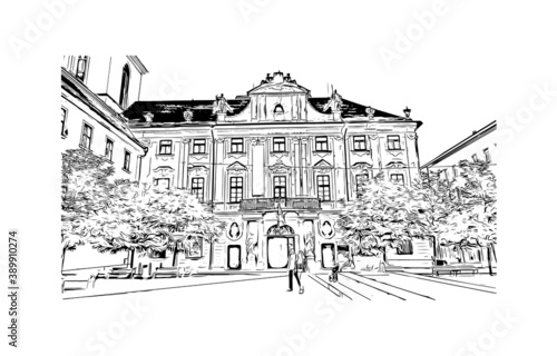 Building view with landmark of Brno is a city in the Czech Republic. Hand drawn sketch illustration in vector.