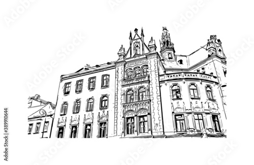 Building view with landmark of Brno is a city in the Czech Republic. Hand drawn sketch illustration in vector.