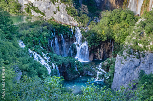 Majestic view of waterfall with crystal clear water in forest in The Plitvice Lakes National Park in Croatia Europe.