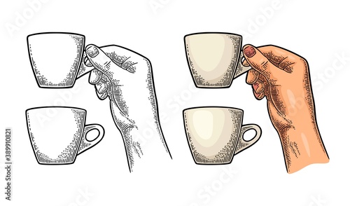 Hand holding a cup of coffee. Vintage black vector engraving