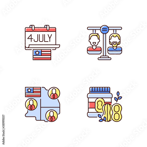 United States RGB color icons set. Independence day. Equality land. Electoral college. Peanut butter. Federal holiday in United States. Freedom opportunity. Isolated vector illustrations