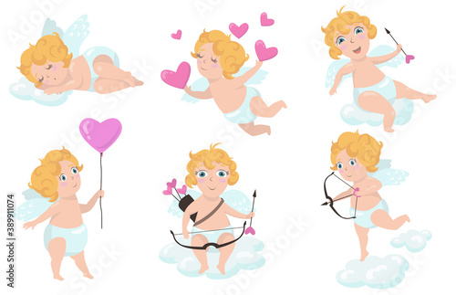 Fotografie, Tablou Cute Cupid baby angel flat item set