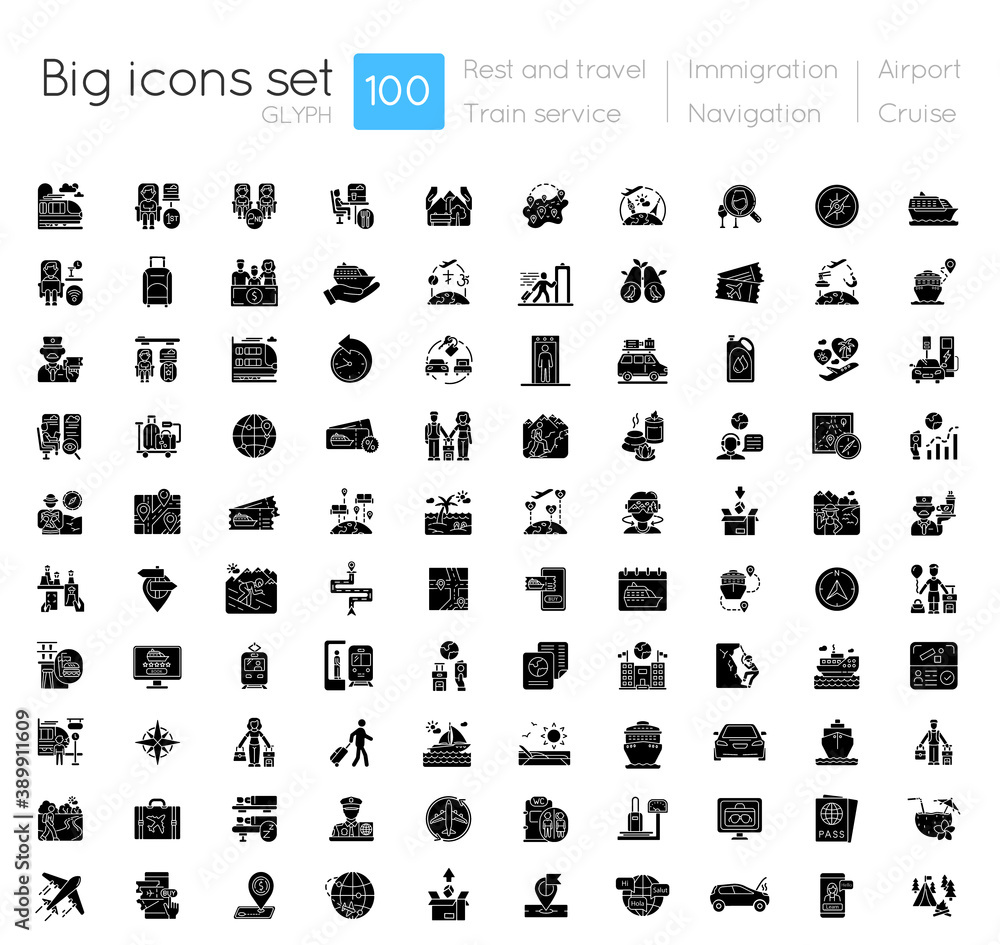 Rest and travel black glyph icons set on white space. Train service ...