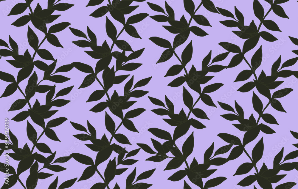 Seamless pattern with gray-black leaves on a purple background. Design for interior, background, fabric, textile, paper, decoration, design, packaging, wallpaper. Seamless pattern with gray-black leaves on a purple background. Design for interior, background, fabric, textile, paper, decoration, design, packaging, wallpaper.