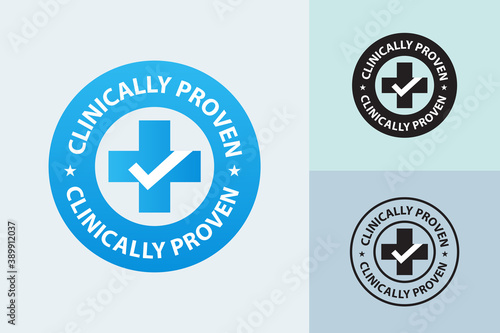 clinically proven vector illustration, emblem, icon, sign, cross with tick mark , blue colored photo