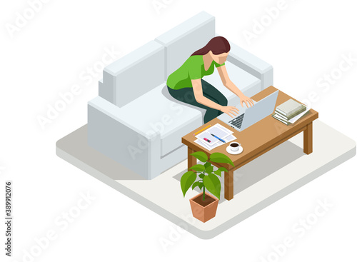 Isometric business woman working at home with laptop and papers on desk. Freelance or studying concept. Online meeting work form home. Home office.