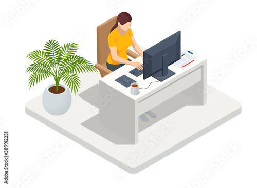 Isometric business woman working at home with laptop and papers on desk. Freelance or studying concept. Online meeting work form home. Home office.
