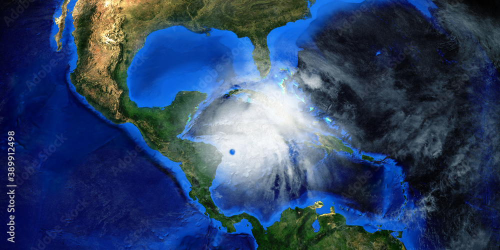 Hurricane Eta making Landfall in Nicaragua. Shot from Space. Elements of this 3D illustration are furnished by NASA.