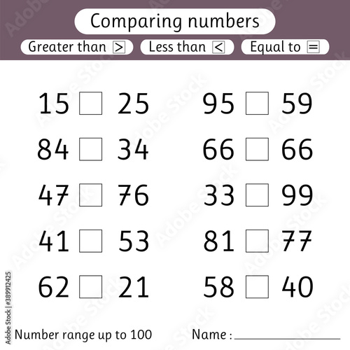 Comparing numbers. Less than, greater than, equal to. Number range up to 100. Worksheets for kids. Elementary school